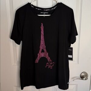 Karl Lagerfeld  black Tee with Pink sequence Eiffel Tower super cute!  NWT